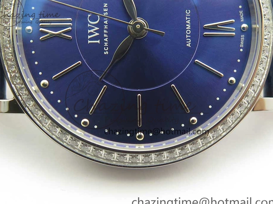 MIROTIME 1224 Fashionable Portofino IW458101 Diamond Bezel SS MK 1:1 Best Edition Blue Dial On Blue Leather Strap MIYOTA 7169